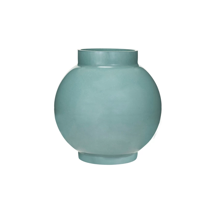 Round opaque blue glass vase with a smooth cylindrical shape.