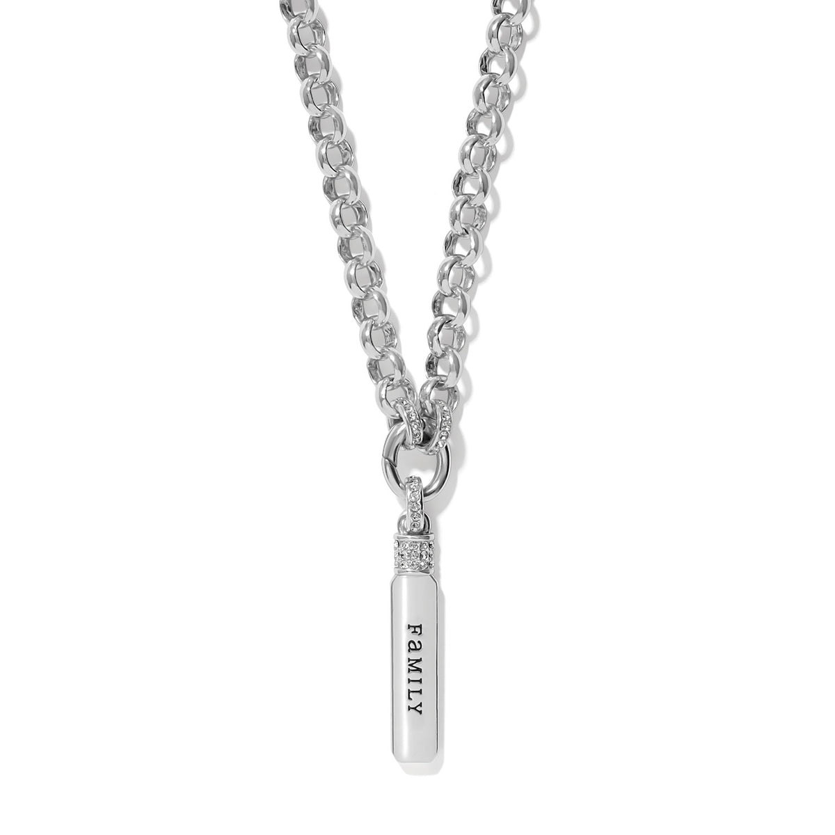 Silver plated Meridian Storycatcher Necklace with a vertical bar pendant engraved with FAMILY.