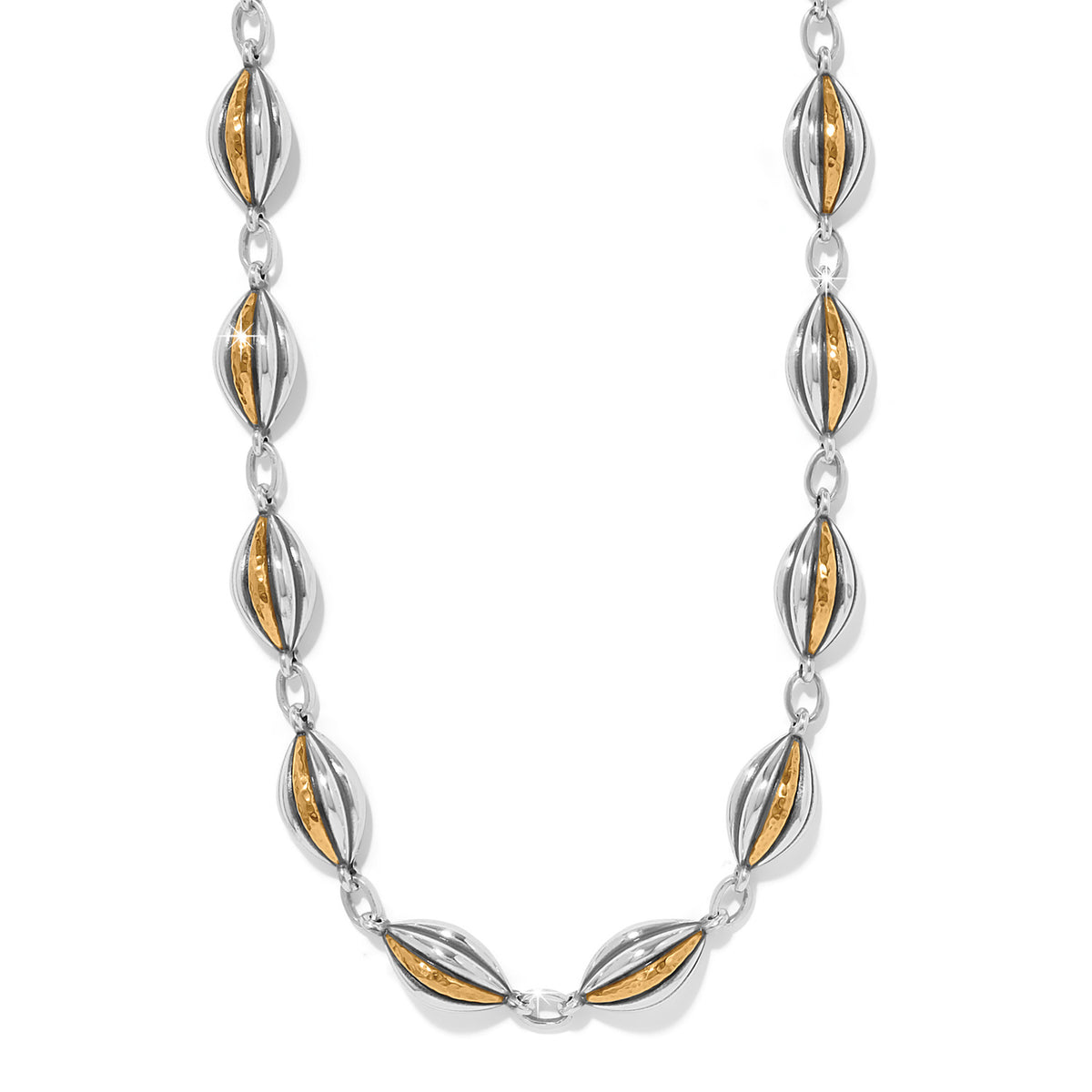 Two-tone silver-gold Ferrara Deco necklace with lobster claw closure and adjustable chain.