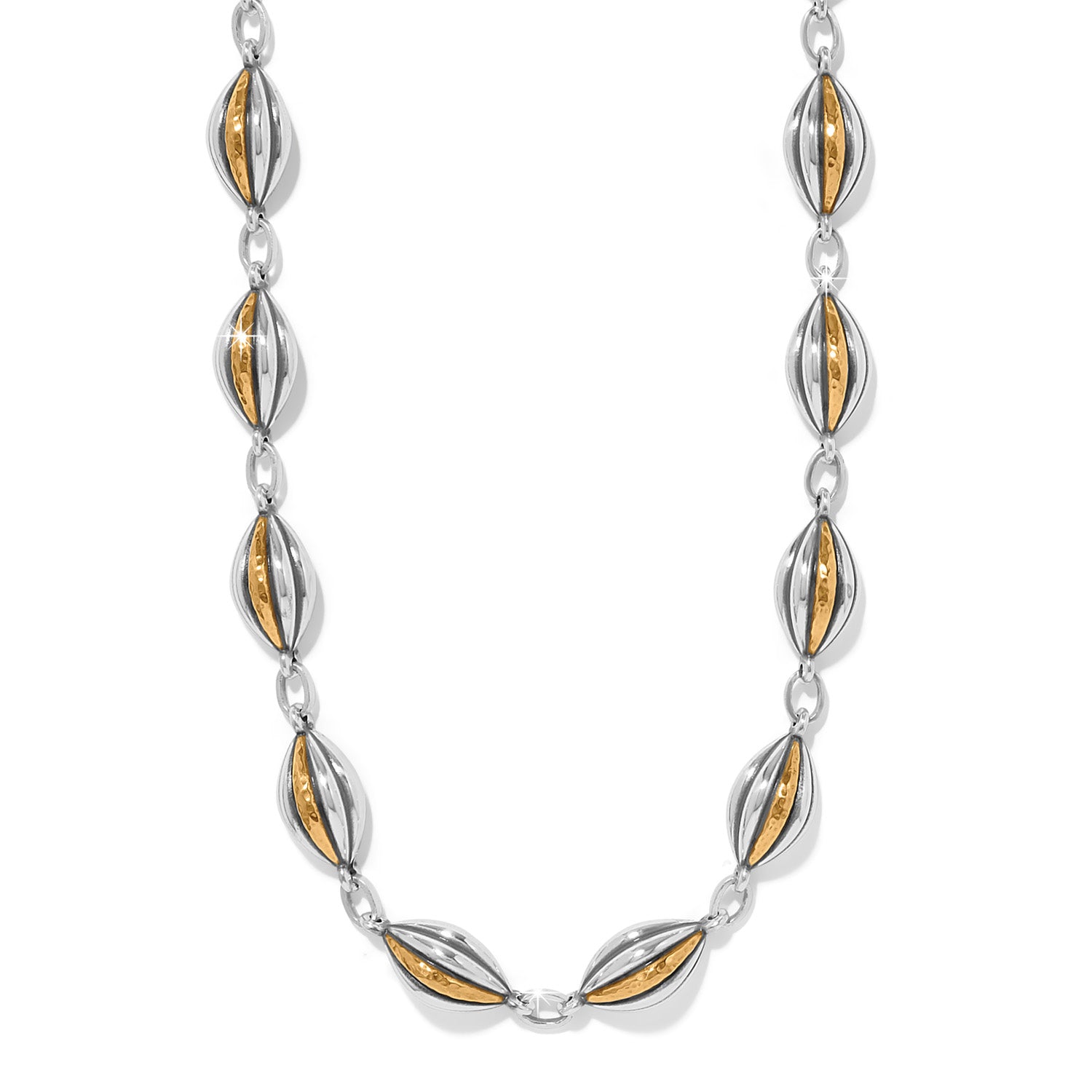 Two-tone silver-gold Ferrara Deco necklace with lobster claw closure and adjustable chain.