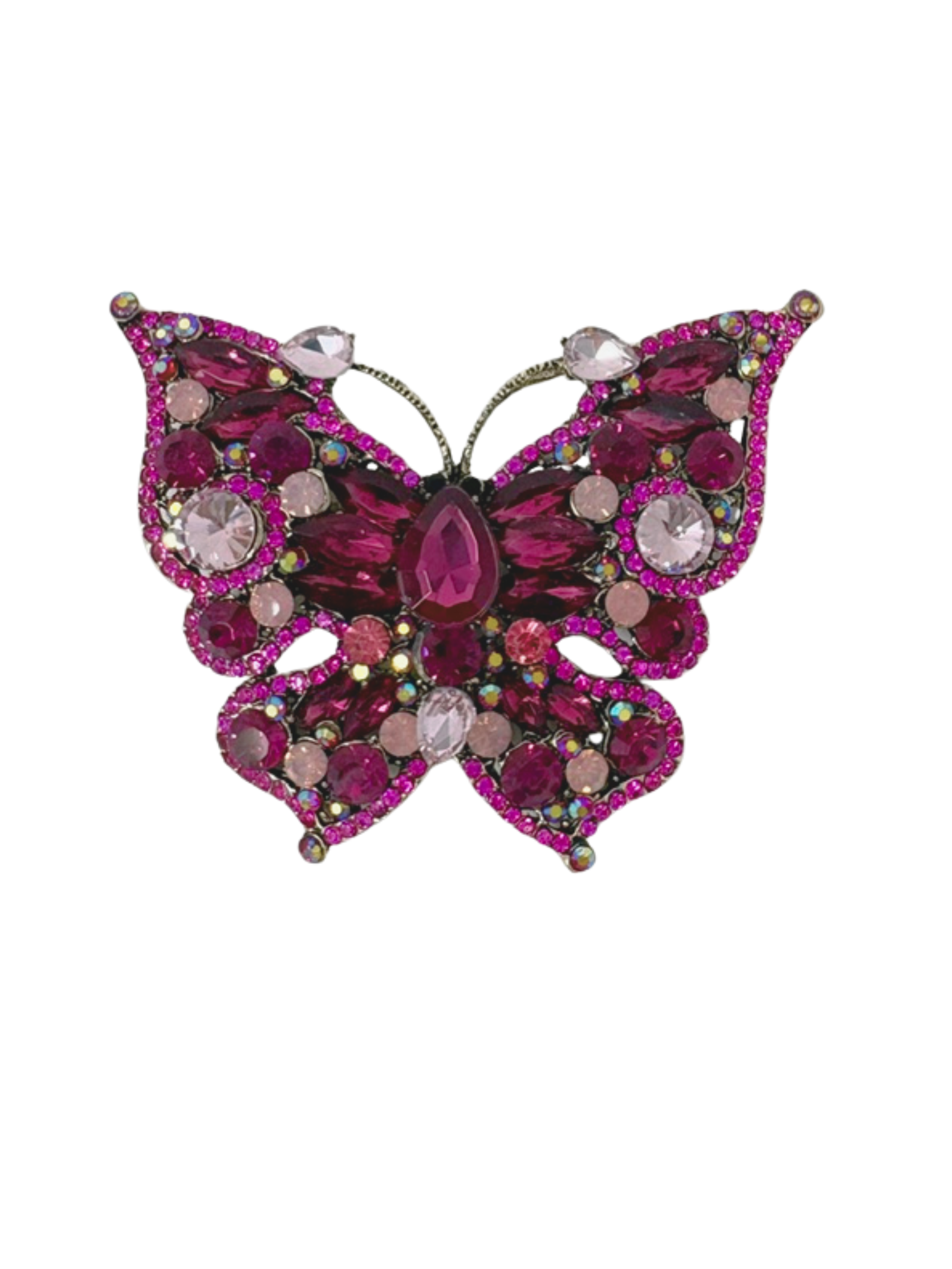 Crystal butterfly brooch featuring pink and magenta stones in a silver-tone setting.