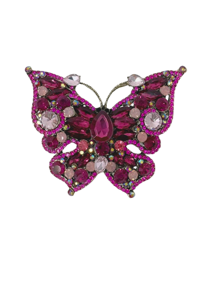 Crystal butterfly brooch featuring pink and magenta stones in a silver-tone setting.