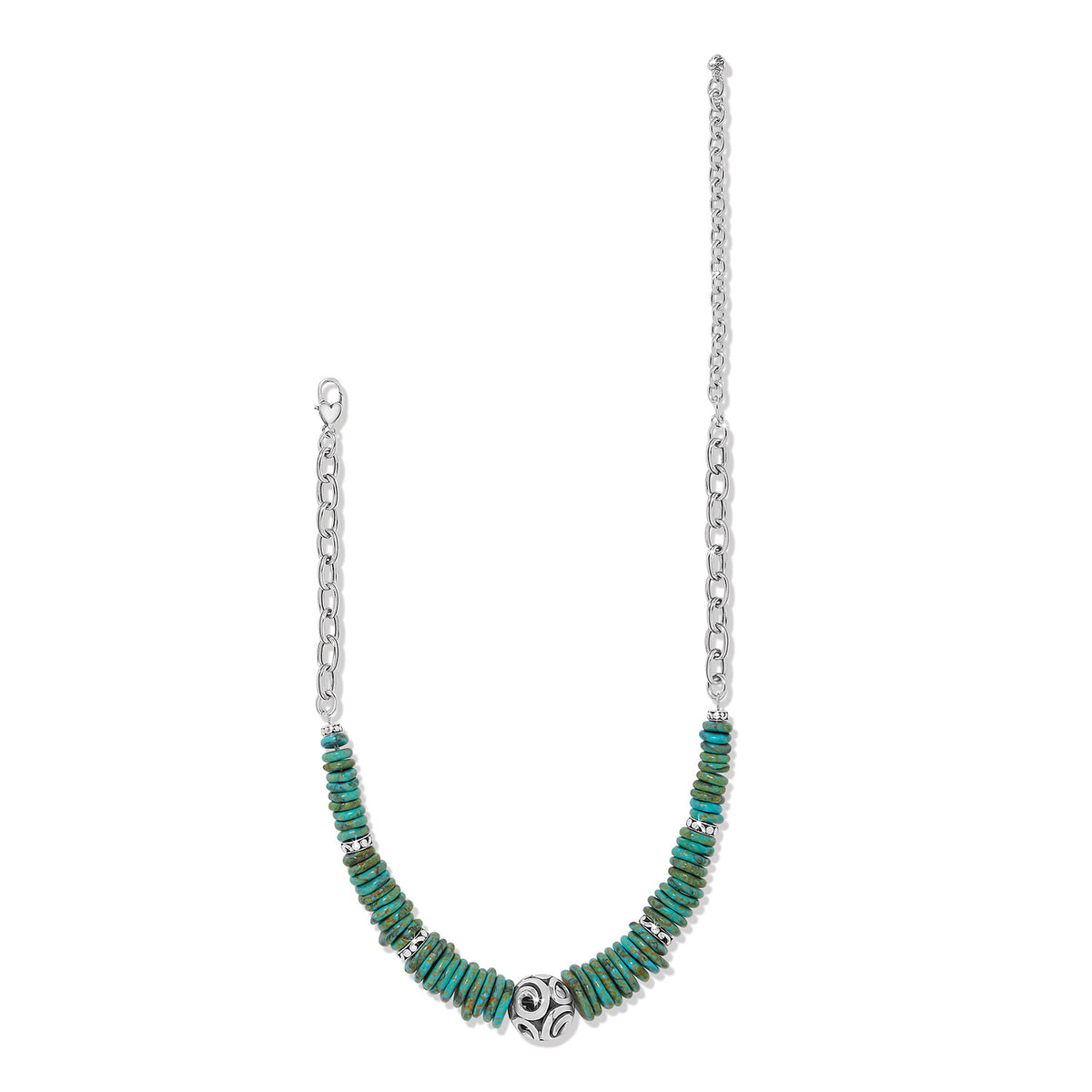 Silver-plated necklace with blue turquoise magnesite disc pendant on an adjustable chain.