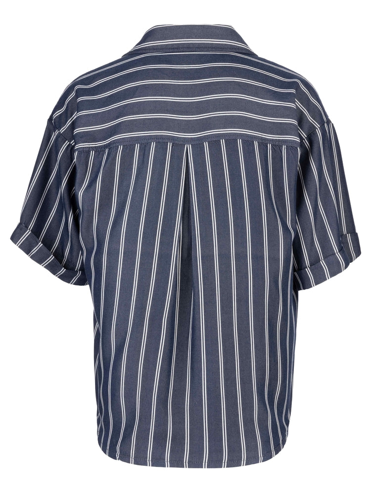 Back view of a navy blue and white striped short-sleeve boxy button-front shirt.