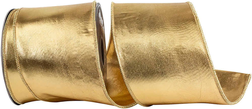 4 inch gold mirror fantasy metallic two-sided wired edge ribbon on a spool.