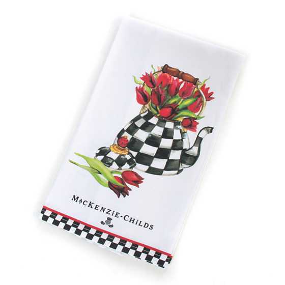 Tulip Tea Kettle dish towel in white cotton with a printed teal tulip silhouette and green stem.