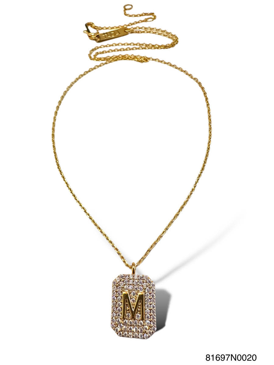 Gold initial pave tag necklace pendant with sparkling pavé-set letter on sleek rectangular silhouette.