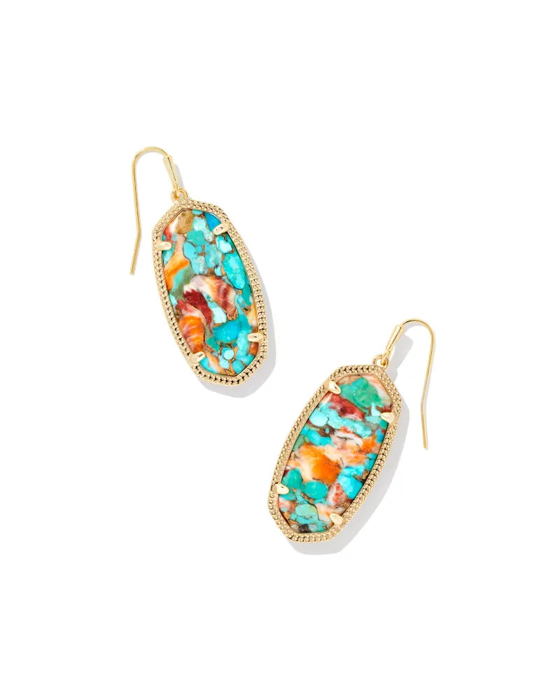 Elle gold drop earrings featuring a custom-cut shell inlay on earwire closure.