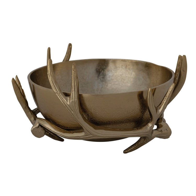Cast aluminum antler shaped stand holding a round removable metallic bowl.