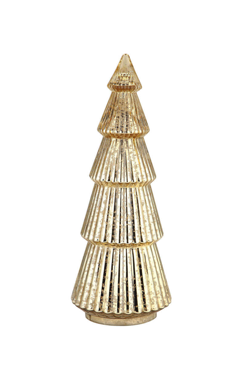 Mercury glass Christmas tree with a reflective silver finish and classic conical silhouette.