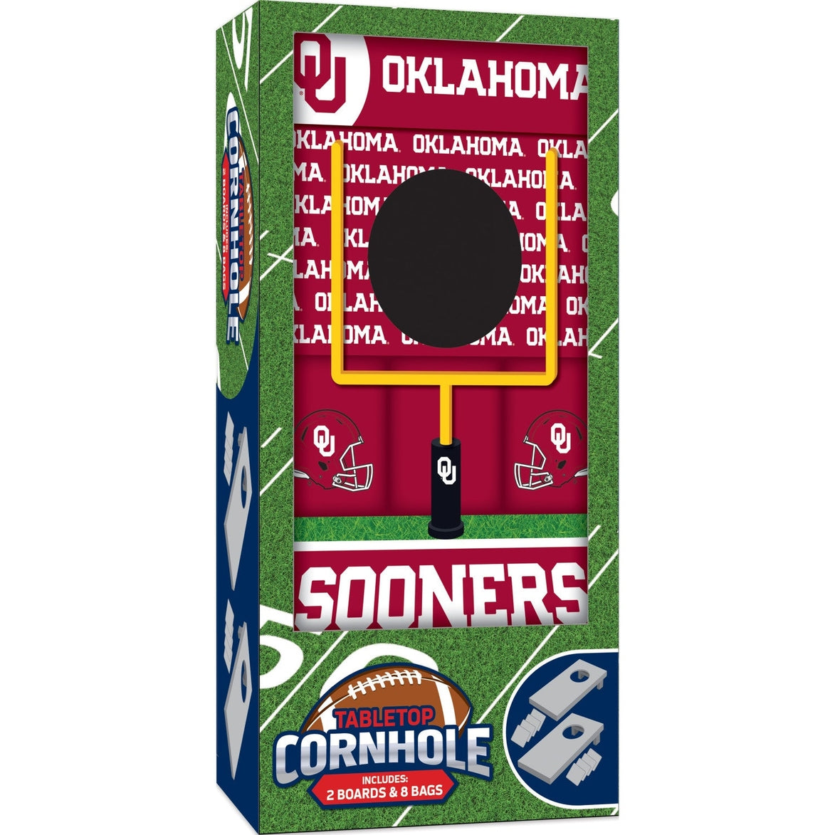 Oklahoma Sooners Tabletop Cornhole game box featuring team colors, logo, and goal post design.