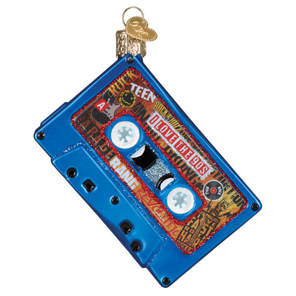 Blue glass cassette tape Christmas ornament with 'I Love the 90s' and rock music graphics.