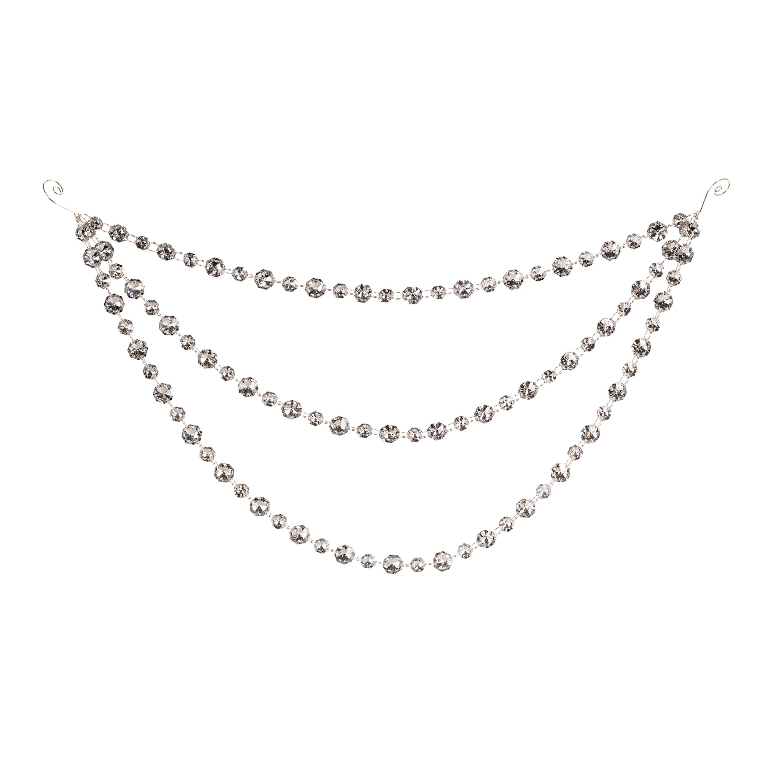 Triple strand clear faceted bead garland ornament with silver wire loops on each end.