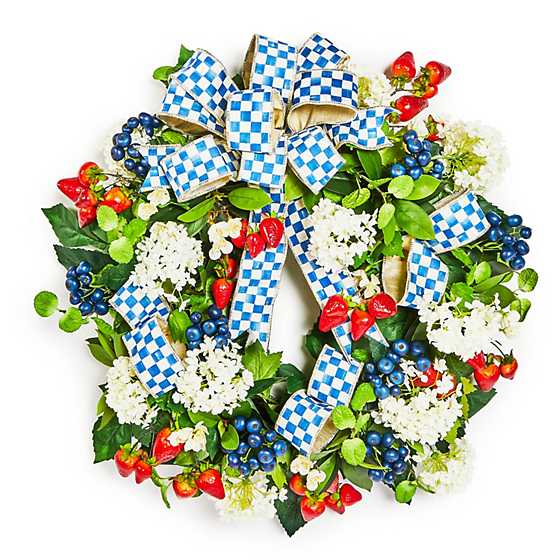 Royal Berry 24-inch wreath with white hydrangeas, red strawberries, blueberries, and blue check bow.