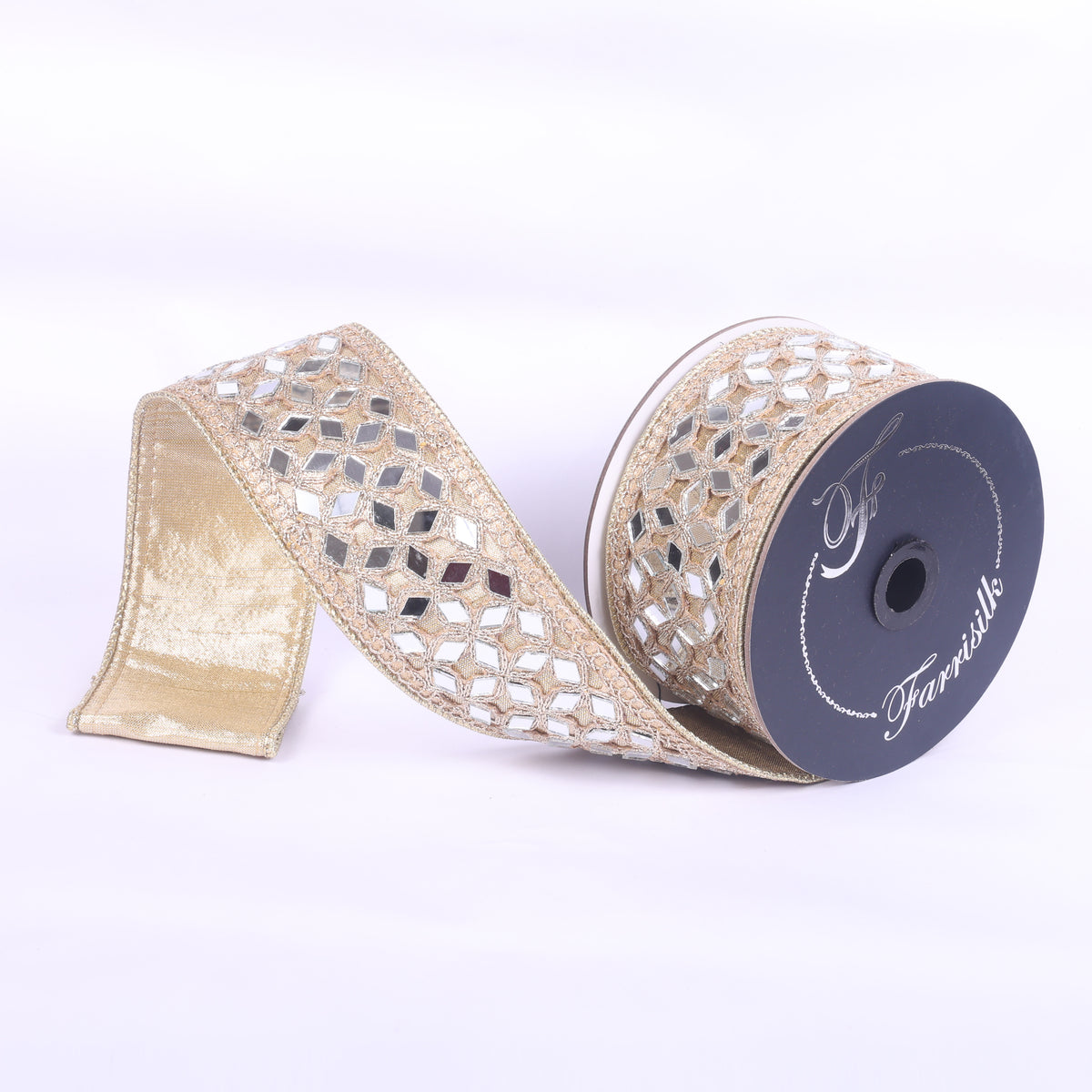 2.25 inch by 5 yard gold ribbon with a geometric pattern of reflective mirror accents on a spool.