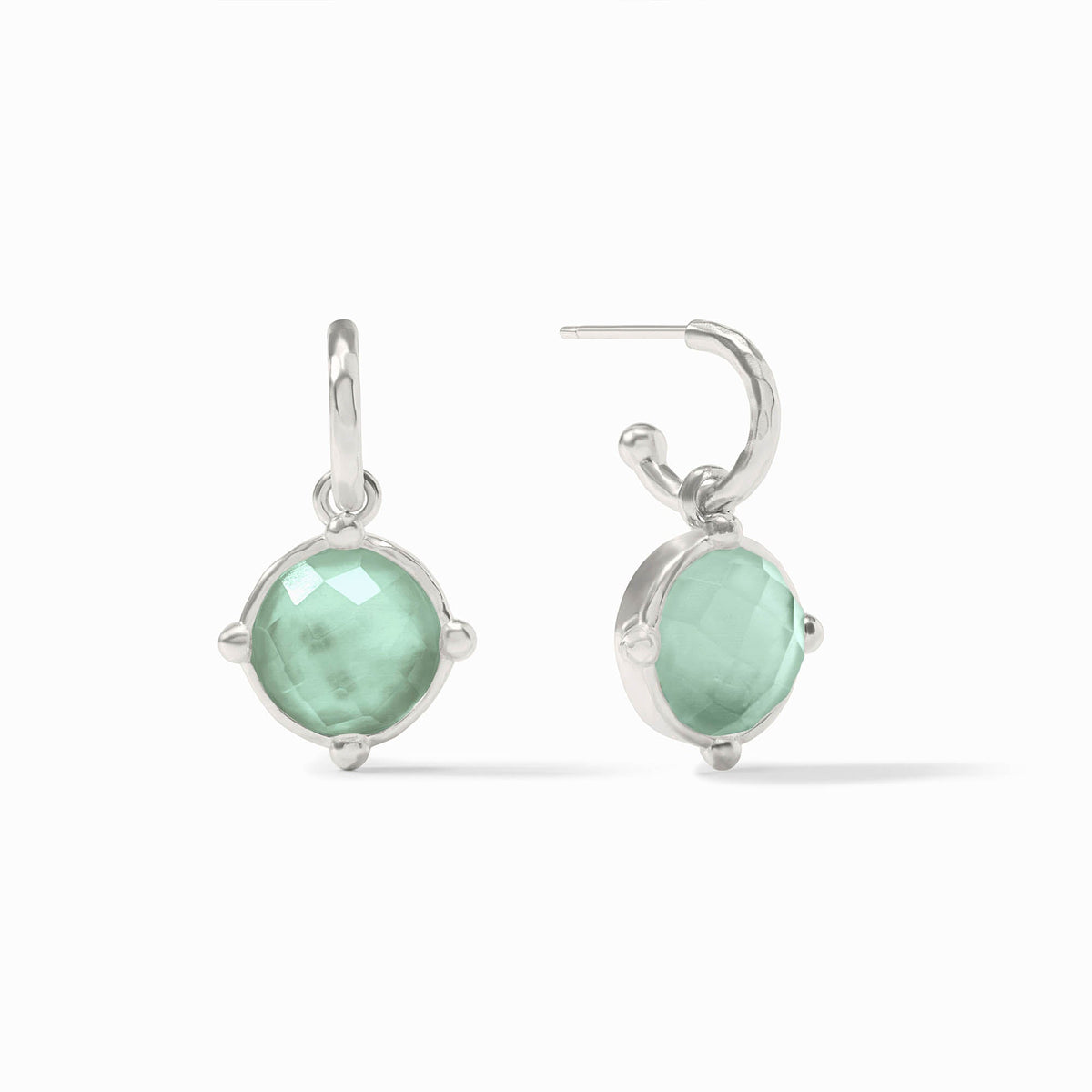 Honeybee silver hoop earrings with round faceted light green glass charms.
