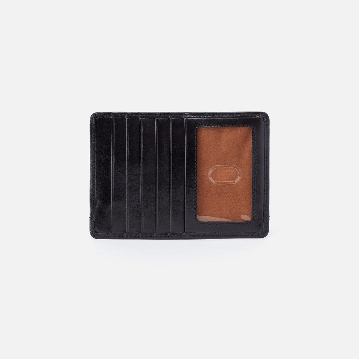 Brushed nickel Euro Slide passport holder with ID slot, five card slots, slip pocket and zippered compartment.