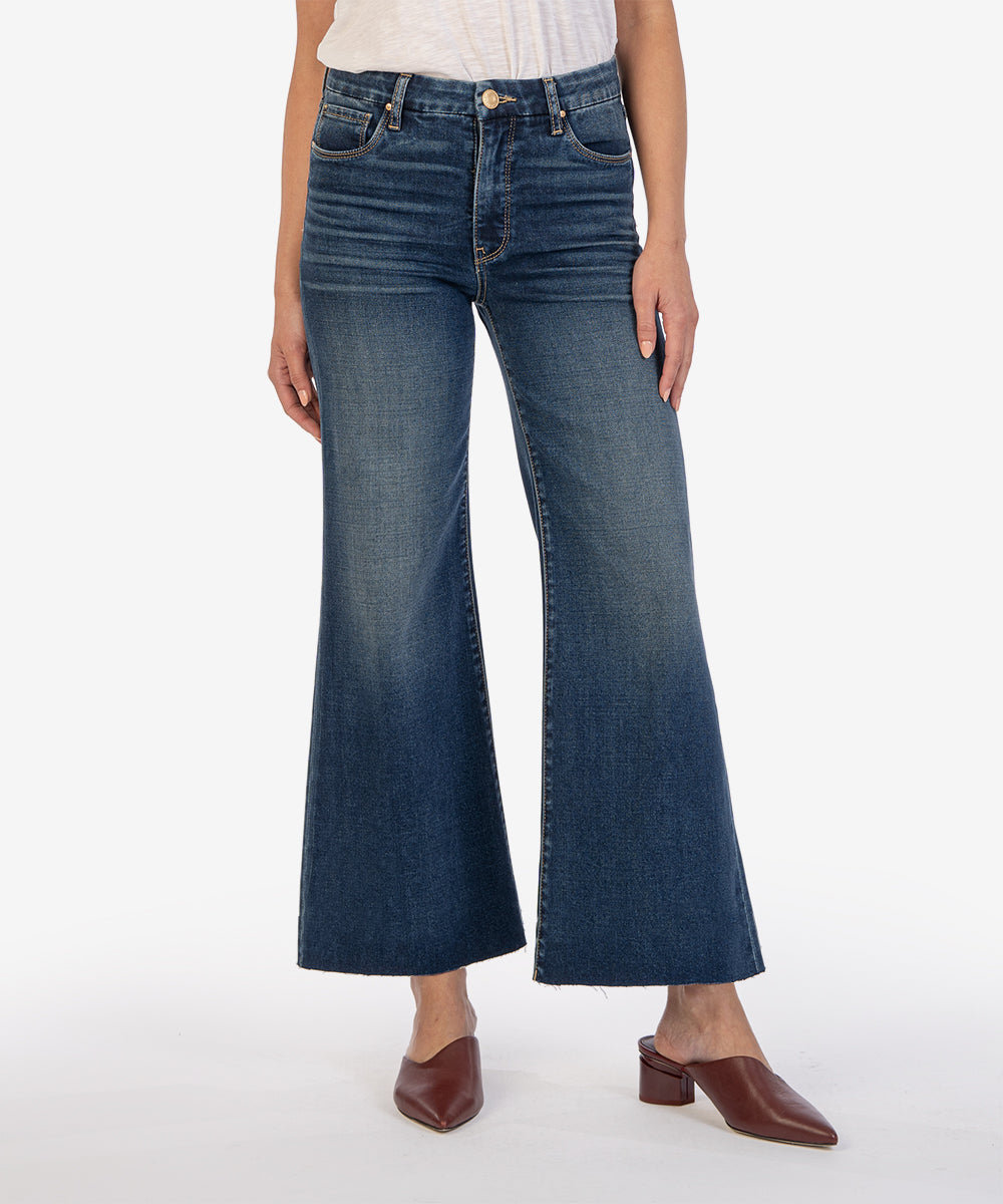 Front view of Meg High Rise Fab Ab Wide Leg jeans in faded wash with stretchy fabric and front shaping pockets.