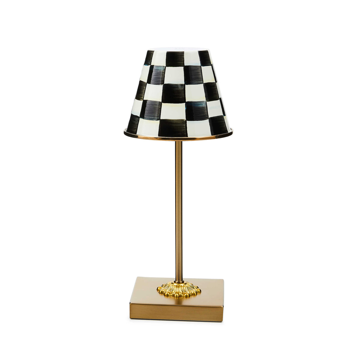 Rechargeable cafe table lamp with mild steel base featuring hand-painted check pattern and cylindrical shade.