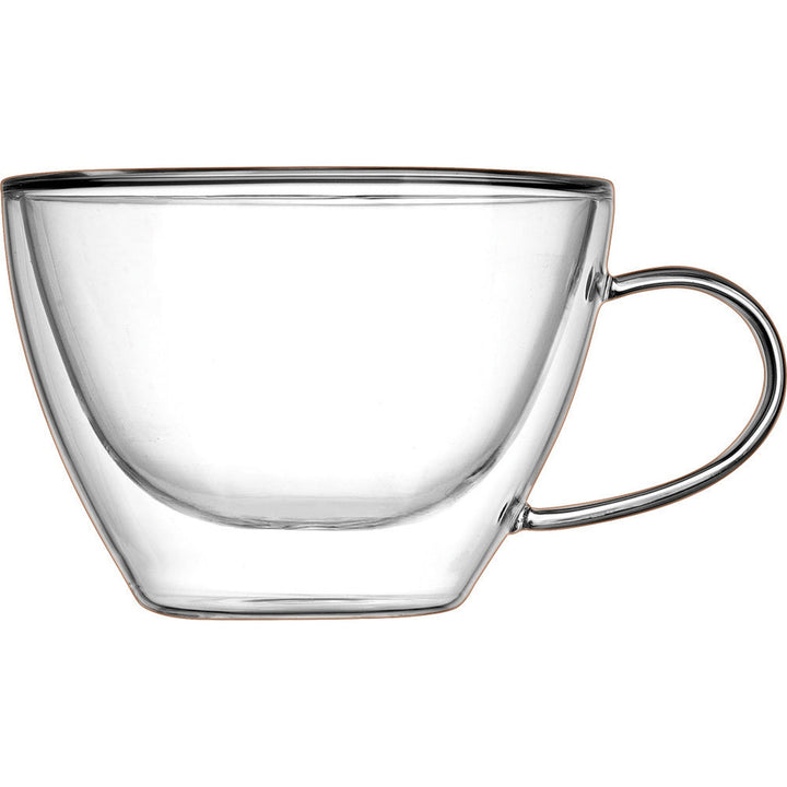 Clear 15oz double-walled glass cappuccino cup with a curved handle.