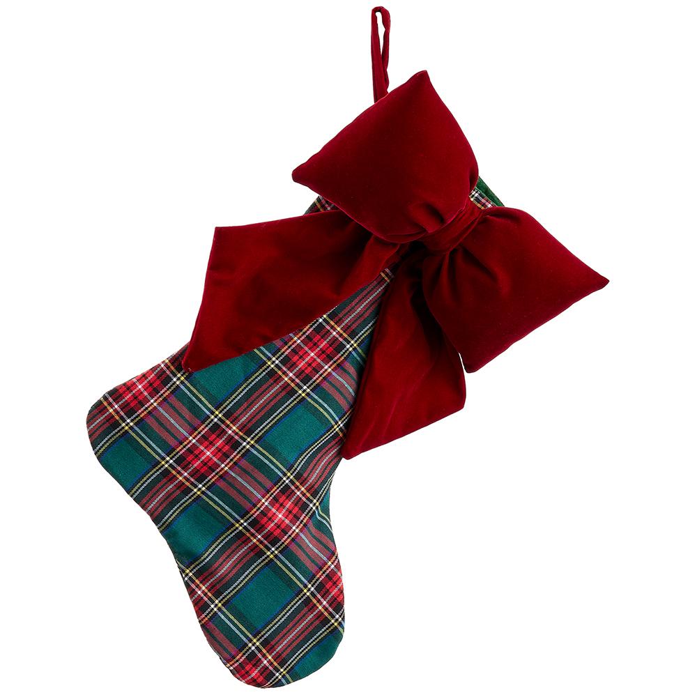 19.5-inch green and red plaid Christmas stocking with a large red velvet bow.