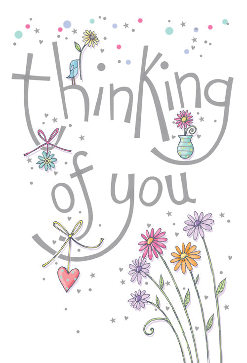 White foil embossed greeting card with 'Thinking Of You' text inside.