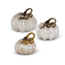 Set of 3 Cream and Gold Swirl Handblown Glass Pumpkins