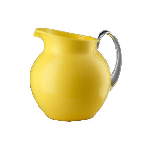 Glazed ceramic pitcher with a rounded body, narrow neck, and smooth handle in neutral earth tones.