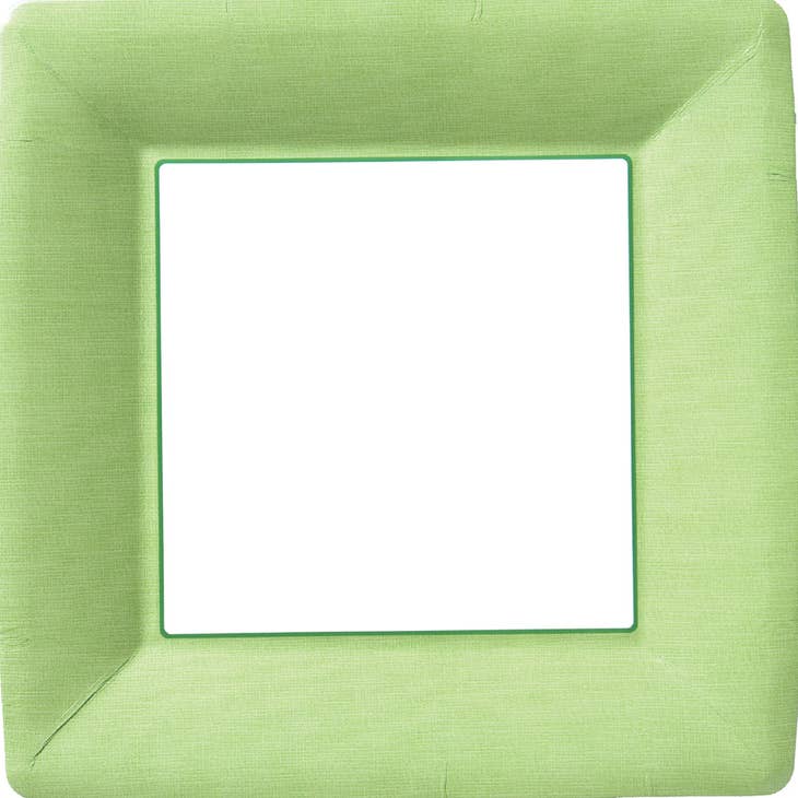 Ten-inch square paper plates with a classic linen texture in natural beige.