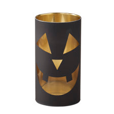 7.75 Inch Black Jack o Lantern Glass Cylinder Candle Slip Cover with gold interior