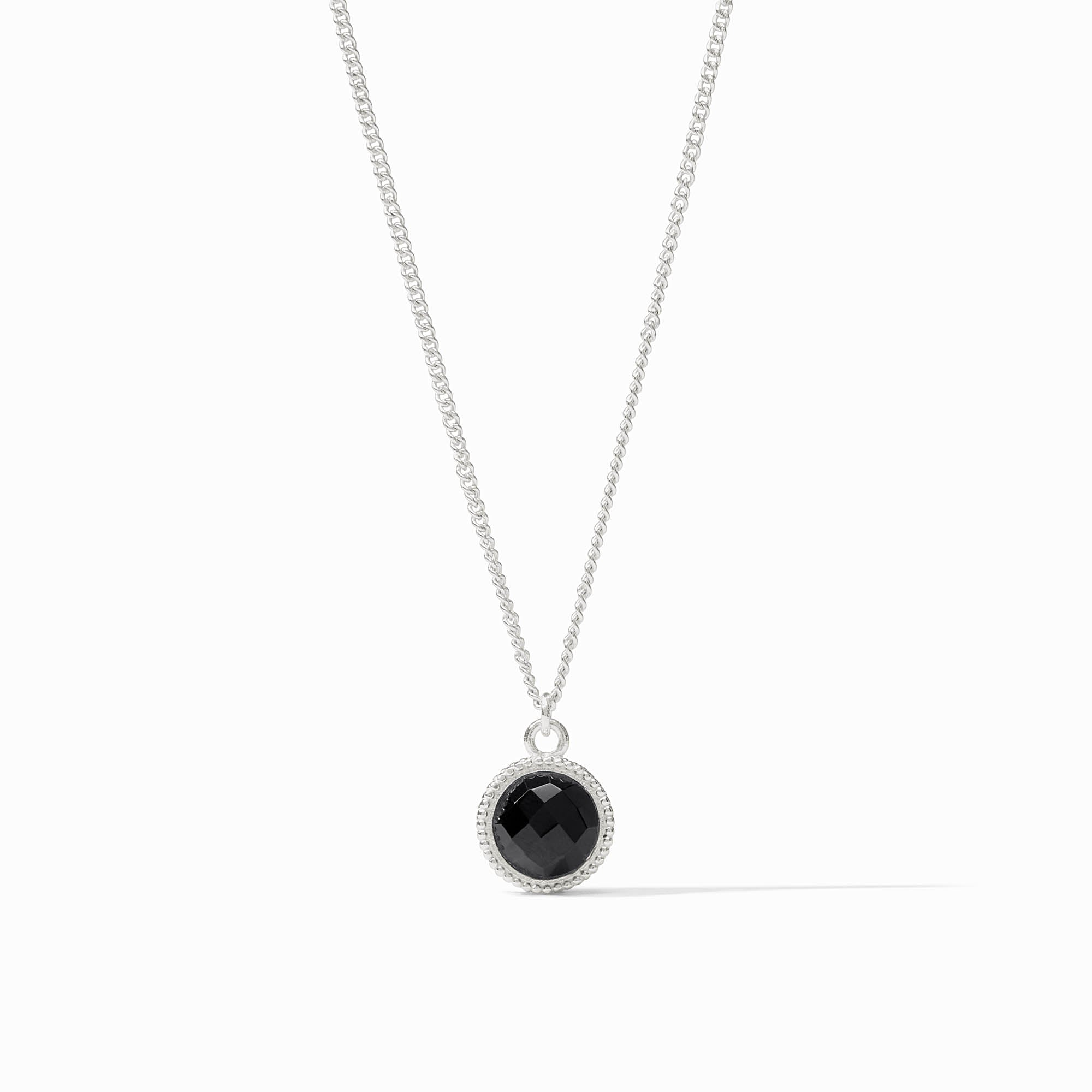 Fleur-de-Lis Solitaire Silver Necklace with a round black faceted glass pendant on a curb chain.