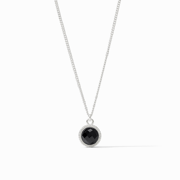 Fleur-de-Lis Solitaire Silver Necklace with a round black faceted glass pendant on a curb chain.