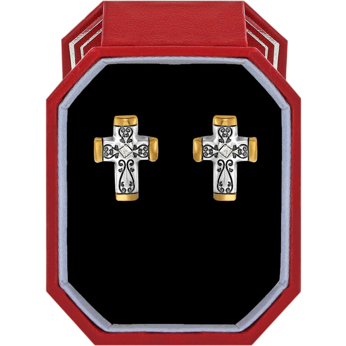 Two-tone Venezia cross post earrings with silver filigree and gold accents in a red gift box.