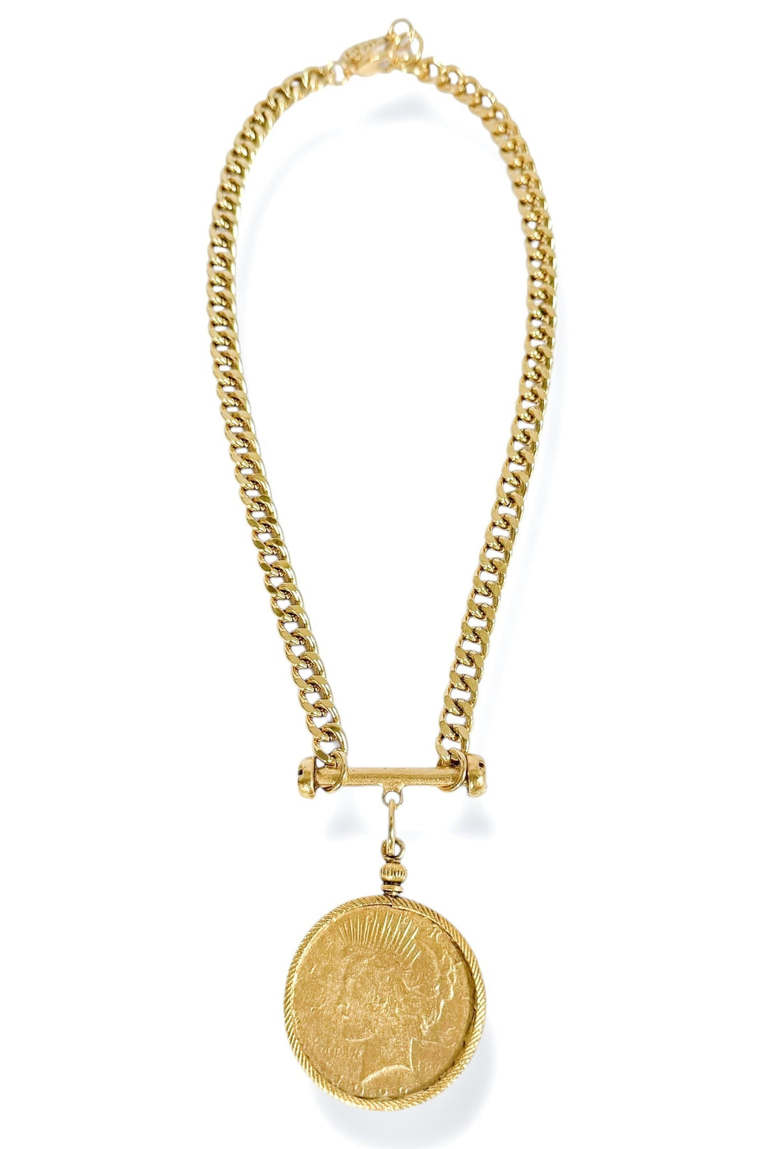 Maxine 17 inch gold curb chain necklace with a 22K antique gold plated coin pendant.