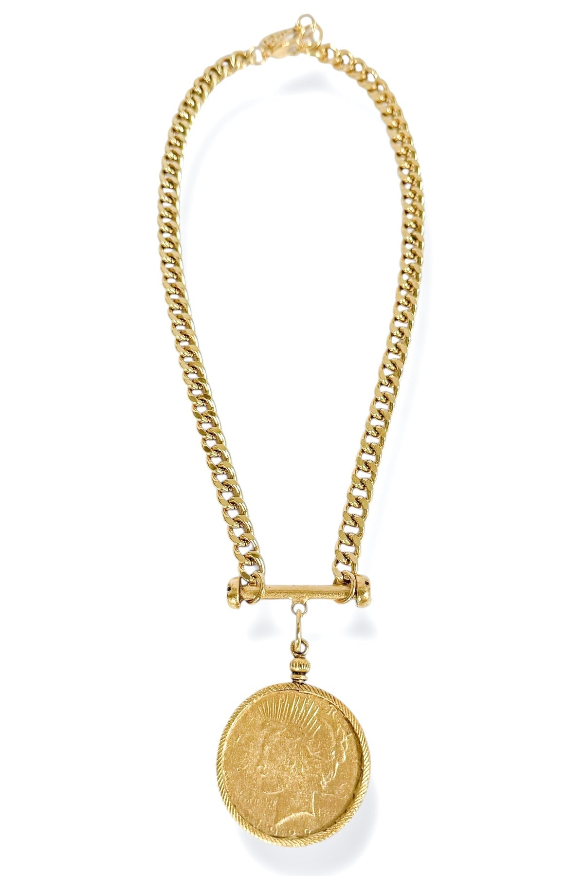 Maxine 17 inch gold curb chain necklace with a 22K antique gold plated coin pendant.