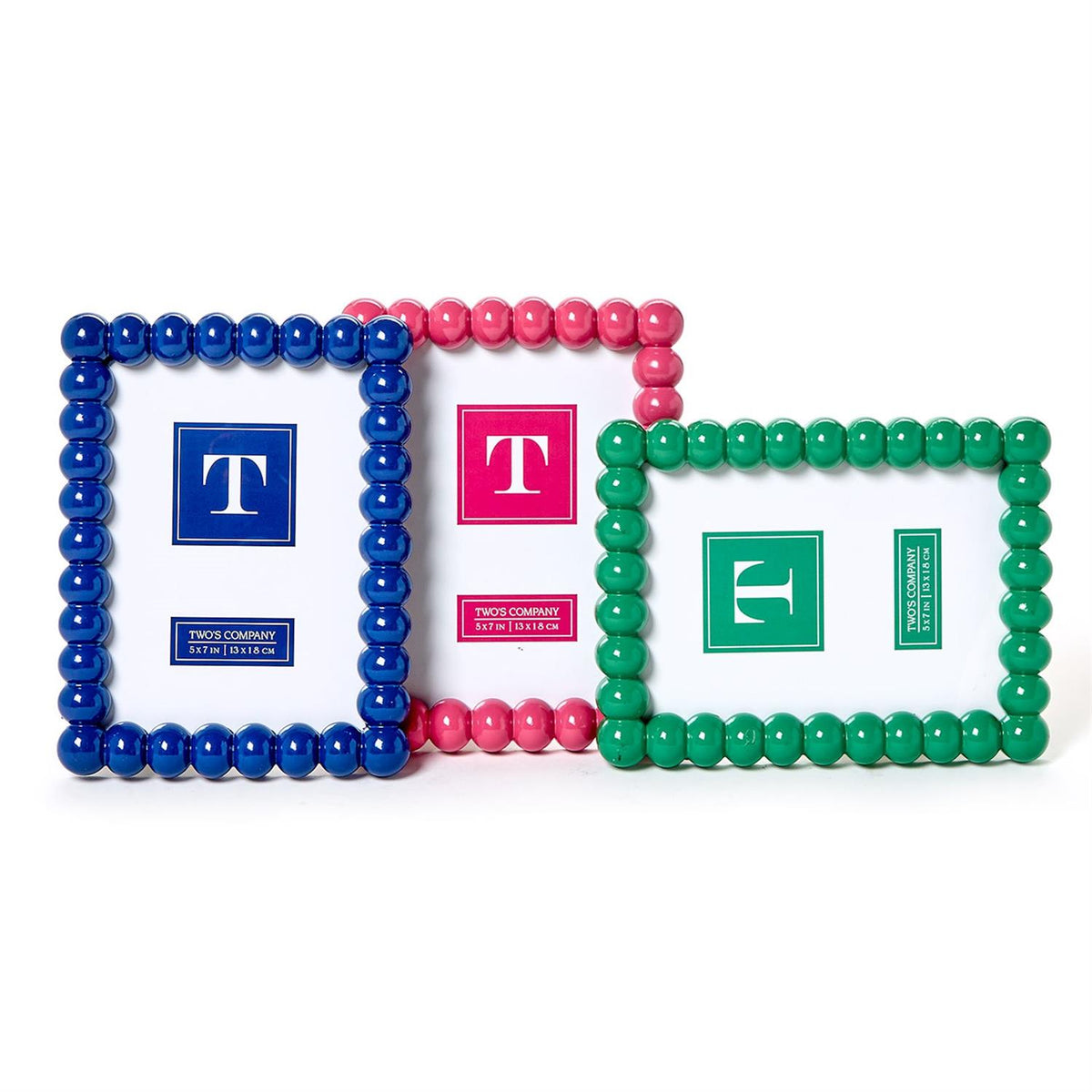 Three Hobnail 5x7 photo frames in blue, pink, and green with a beaded resin border.