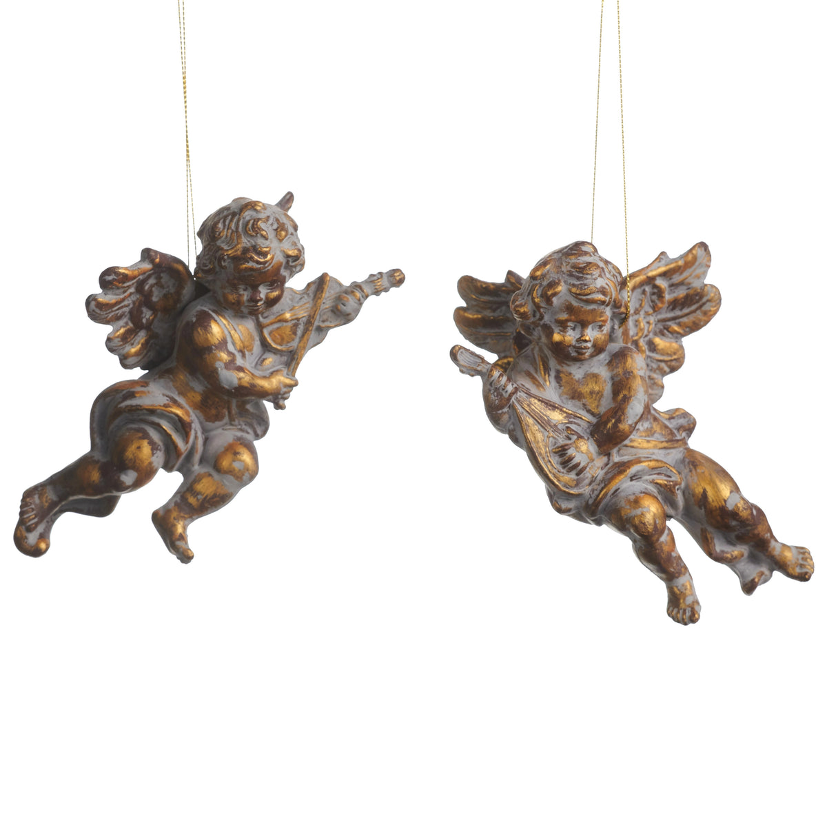 Two 6-inch antique gold angel ornaments with a vintage finish, playing musical instruments.