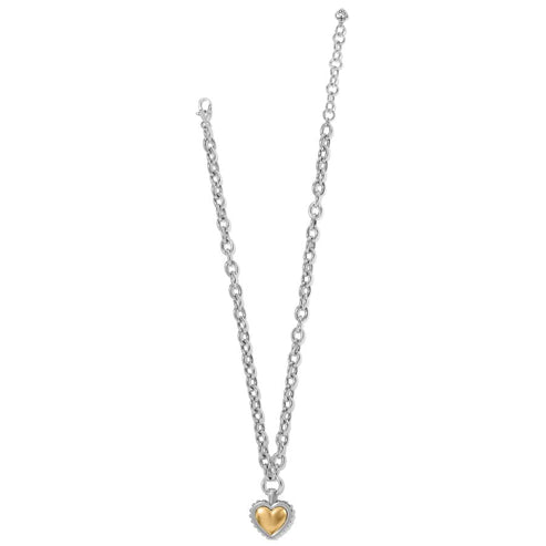 Two-tone silver-gold adjustable necklace with a bold heart pendant on an 18-inch chain.