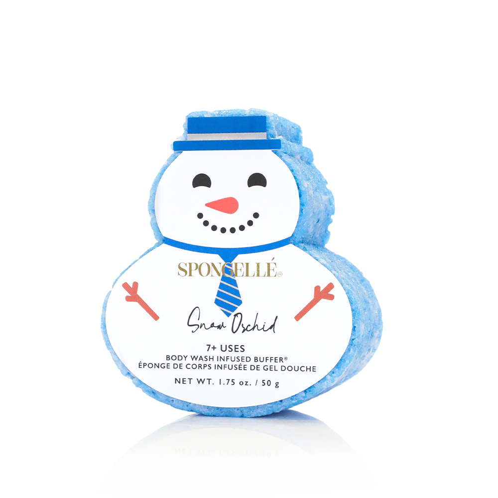 Holiday Snowman body wash buffer with pear orchid scent in festive white packaging