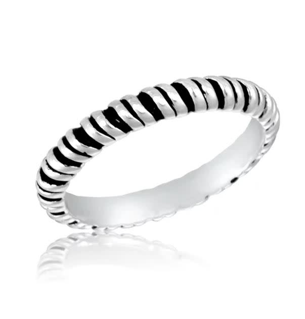 Silver stackable ring with a twisted rope design and black accents.