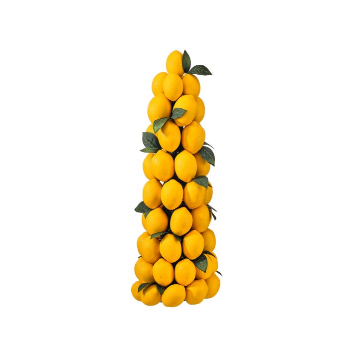 Artificial lemon topiary cone tree with yellow fruit on a brown trunk.