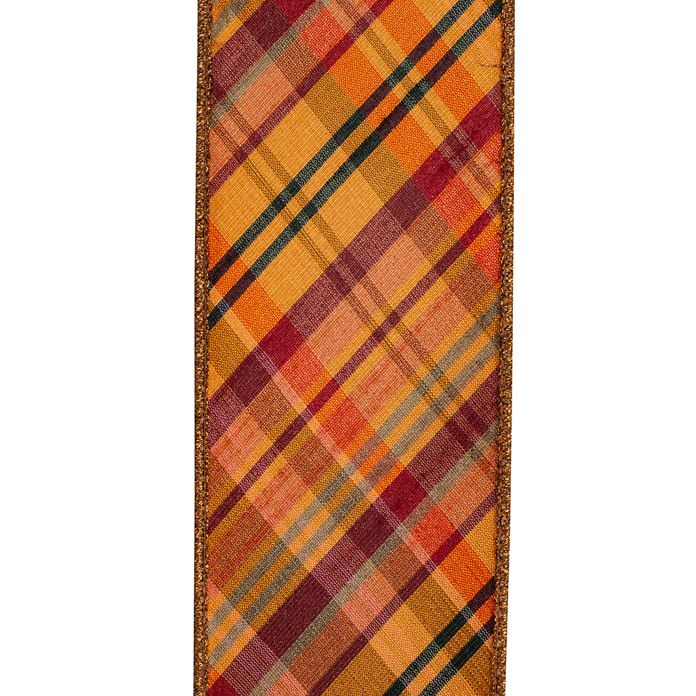 Tierra tonal diagonal plaid wired edge ribbon with metallic backing and orange and red hues.