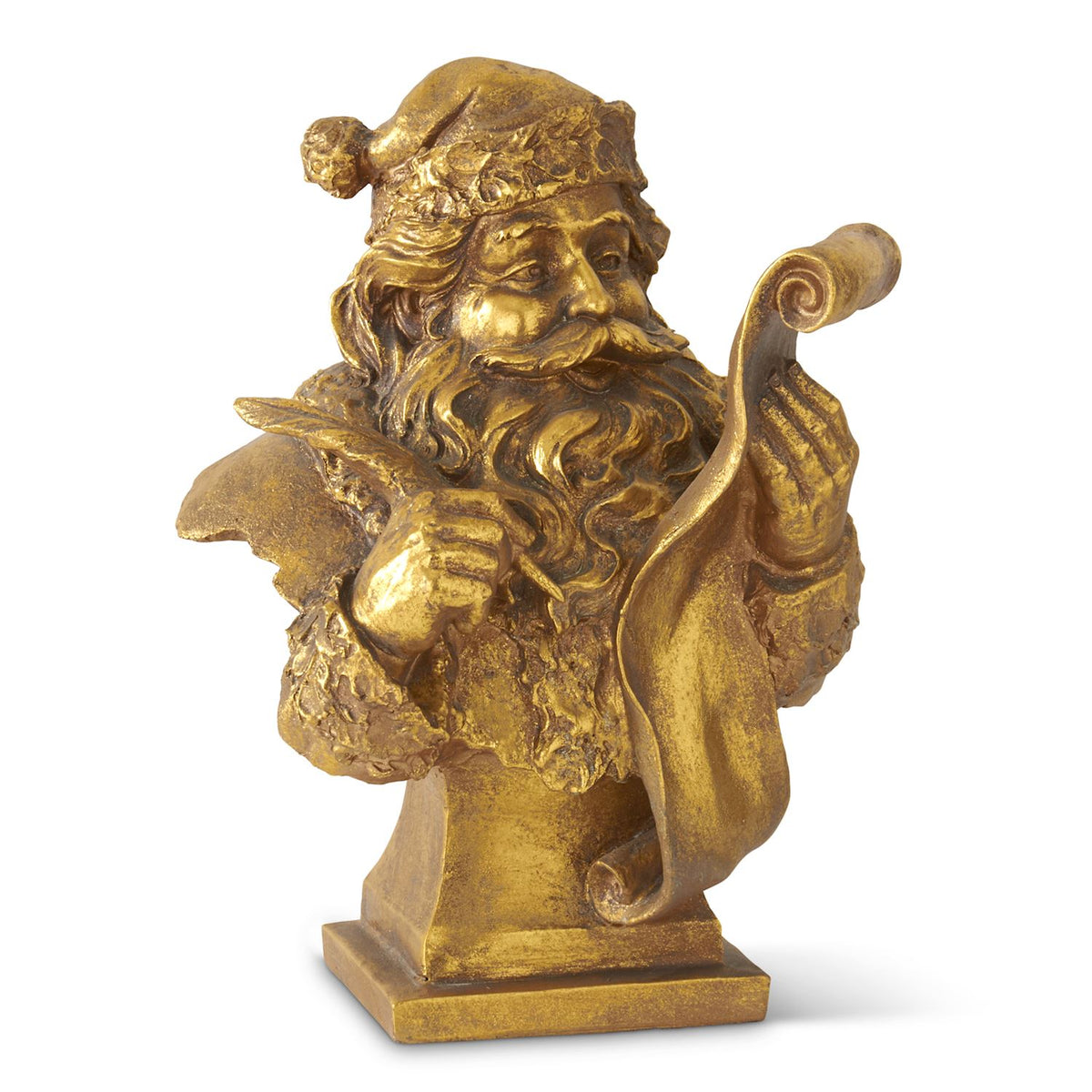 Gold resin bust sculpture of Santa holding a list.