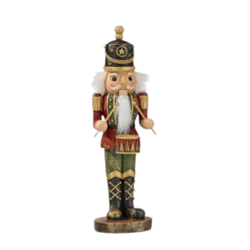 12-inch resin antique nutcracker drummer with vintage-inspired detailing and white beard.