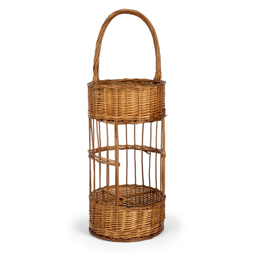 Round boiled willow bar caddy with three compartments in a natural brown finish.