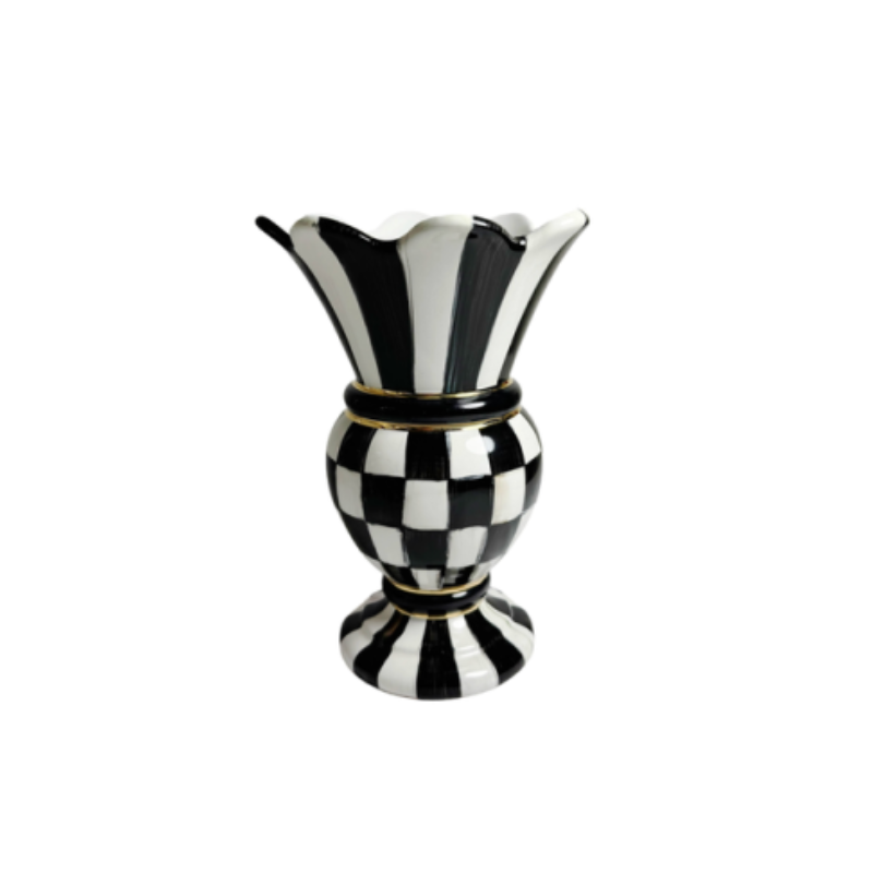 Courtly Check Small Great Vase with black and white patterns and gold lustre accents.