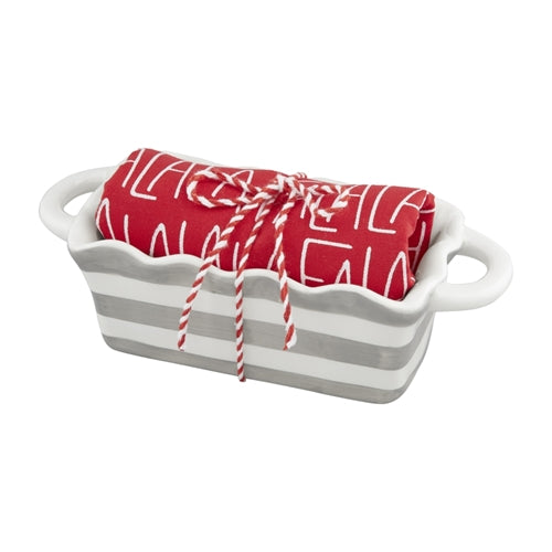 Mini Christmas Loaf Set in white dolomite ceramic with red holiday pattern.