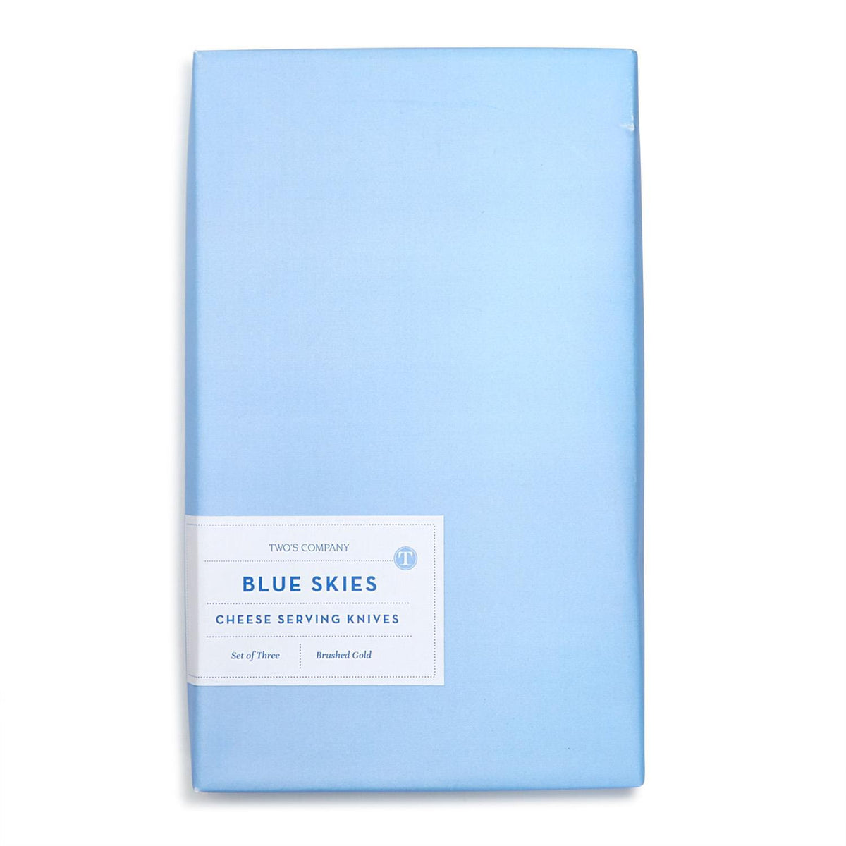 Blue Skies Cheese Serving Knives set of three in a light blue gift box with a white label.