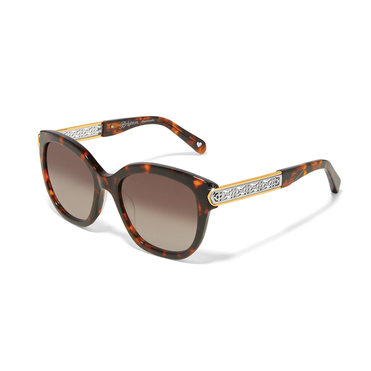 Intrigue square tortoise sunglasses with amber gradient lenses and silver-plated temple accents.