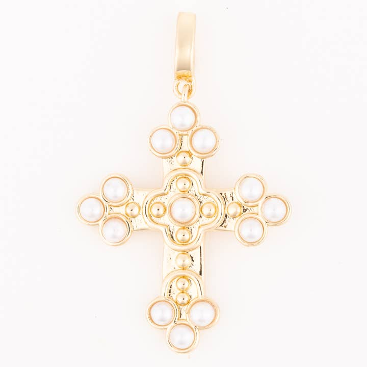Gold-tone Sophie Pearl Cross charm featuring a central pearl and pearl-tipped arms.